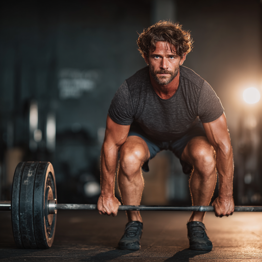 Athletic man in workout gear demonstrating perfect form during deadlift exercise in professional gym setting