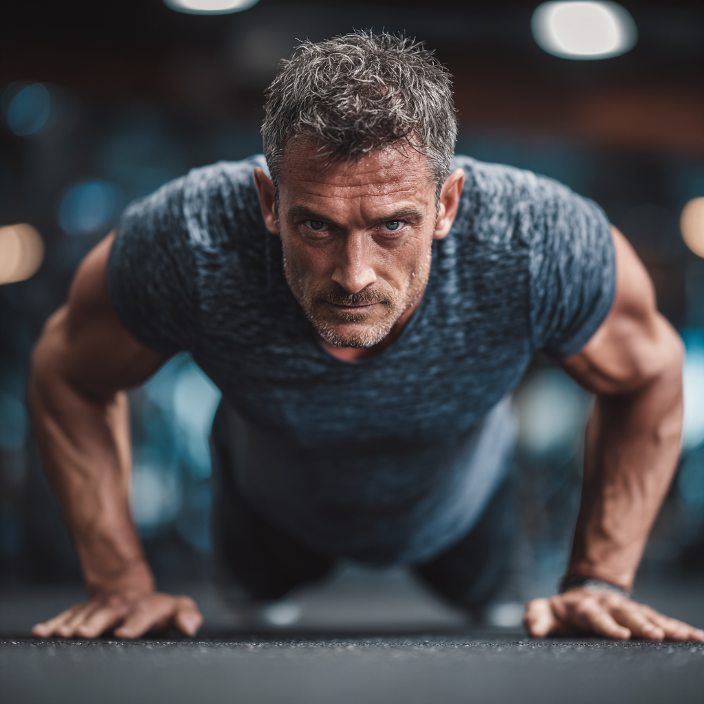 Strong confident man doing push-ups in modern gym with focused determination
